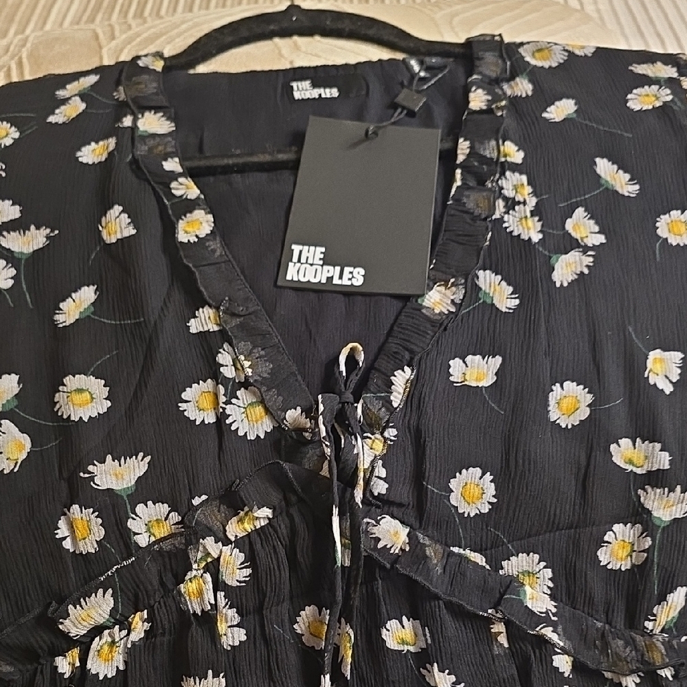 The Kooples Black and White Silk Floral Long Sleeve Dress French Brand See Mesur - Picture 13 of 16